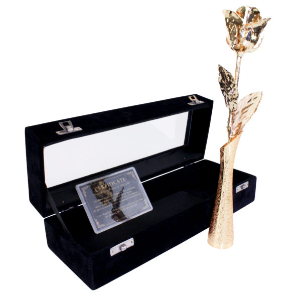 united-entertainment-golden-rose-with-golden-vase-in-black-velvet-box-1 Trandafir și vază, placate cu aur de 24k
