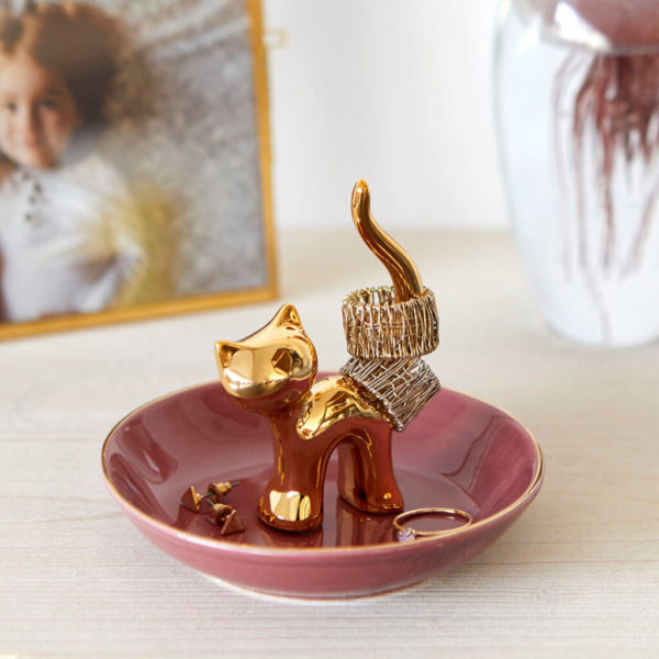 Ring holder,Gatto,golden,porcelain-2 Suport-tăviță decorativă pentru bijuterii - pisică, Balvi - imagine 5