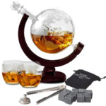 Set sticlă-decantor glob, 2 pahare, pâlnie inox și set cuburi pentru răcirea băuturilor