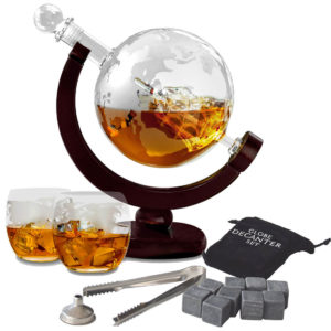 Set sticlă-decantor glob, 2 pahare, pâlnie inox și set cuburi pentru răcirea băuturilor