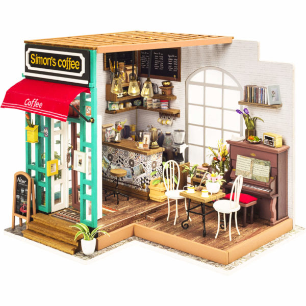 robotime-simons-coffee-dg109-wooden-model-kit-dollhouse-with-led-light-diy Cafeneaua lui Simon DG109 – cu iluminare LED – kit de asamblare