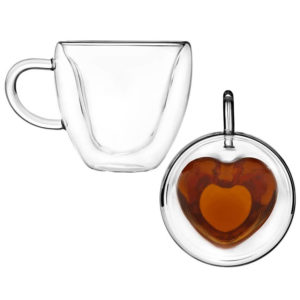 Set 2 căni termorezistente cu pereți dubli, sub formă de inimă - 240ml
